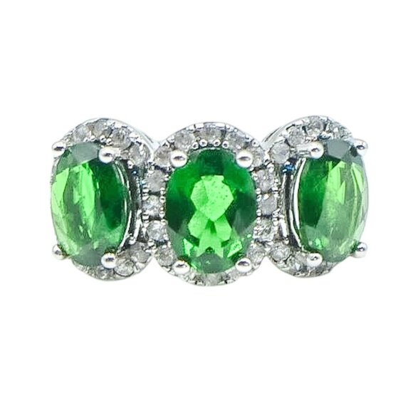 Chrome Diopside and White Topaz Three Stone Ring Sterling Silver Size 5 - Picture 1 of 4